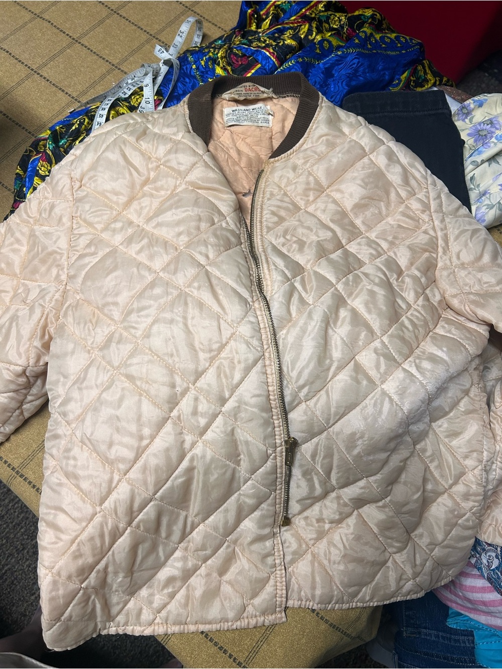 VTG 50s 60s Quilted Bomber Liner Jacket Virgin Dacron Full Zip Cream